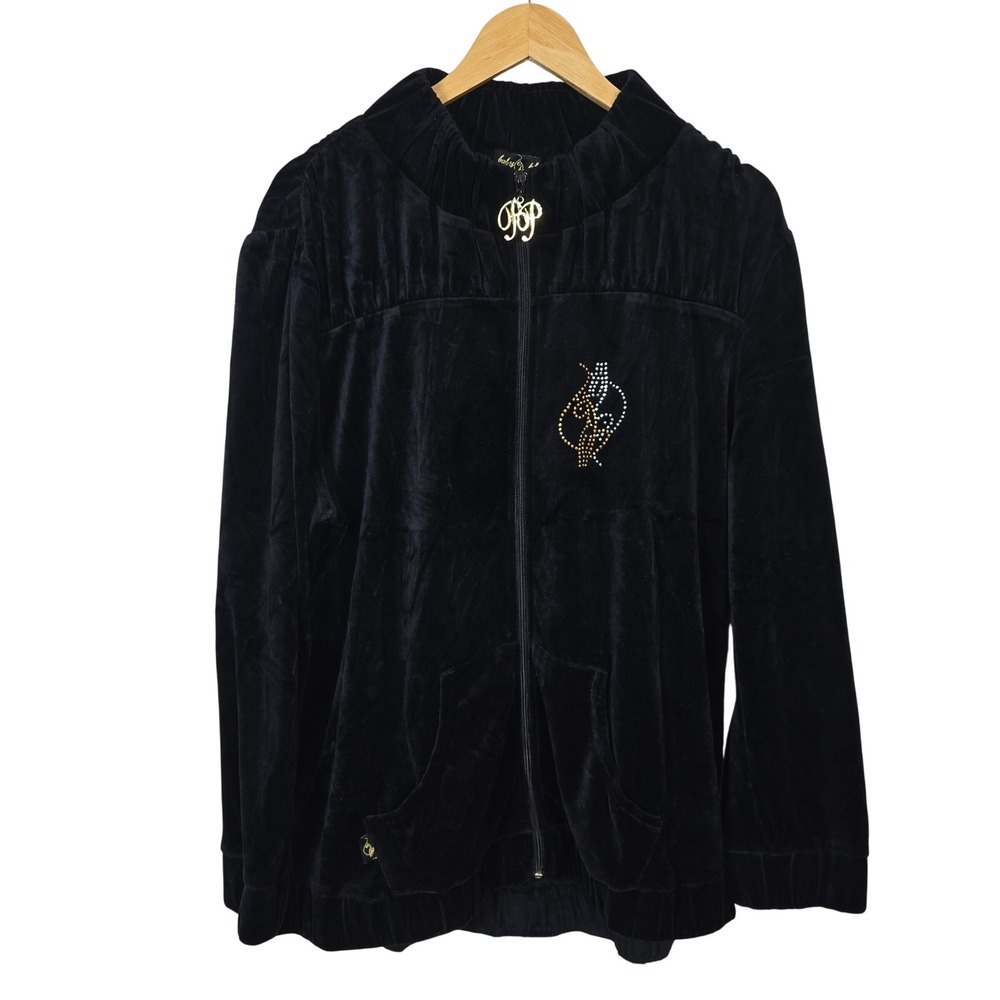 Baby Phat Black Velour Track Jacket Rhinestone Logo Y2K Zip Up Women 2X Vintage